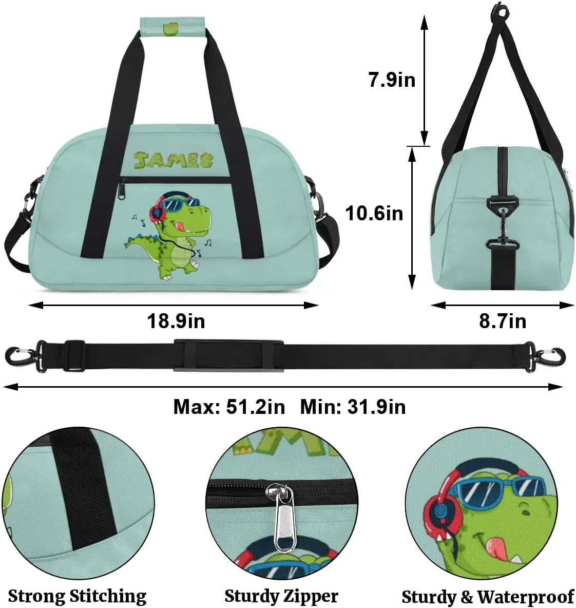 Personalized Duffel Bag for Boys Gym Bag with Name Small Overnight Tote Bag for Kids Music Dinosaur Green Sports Bag