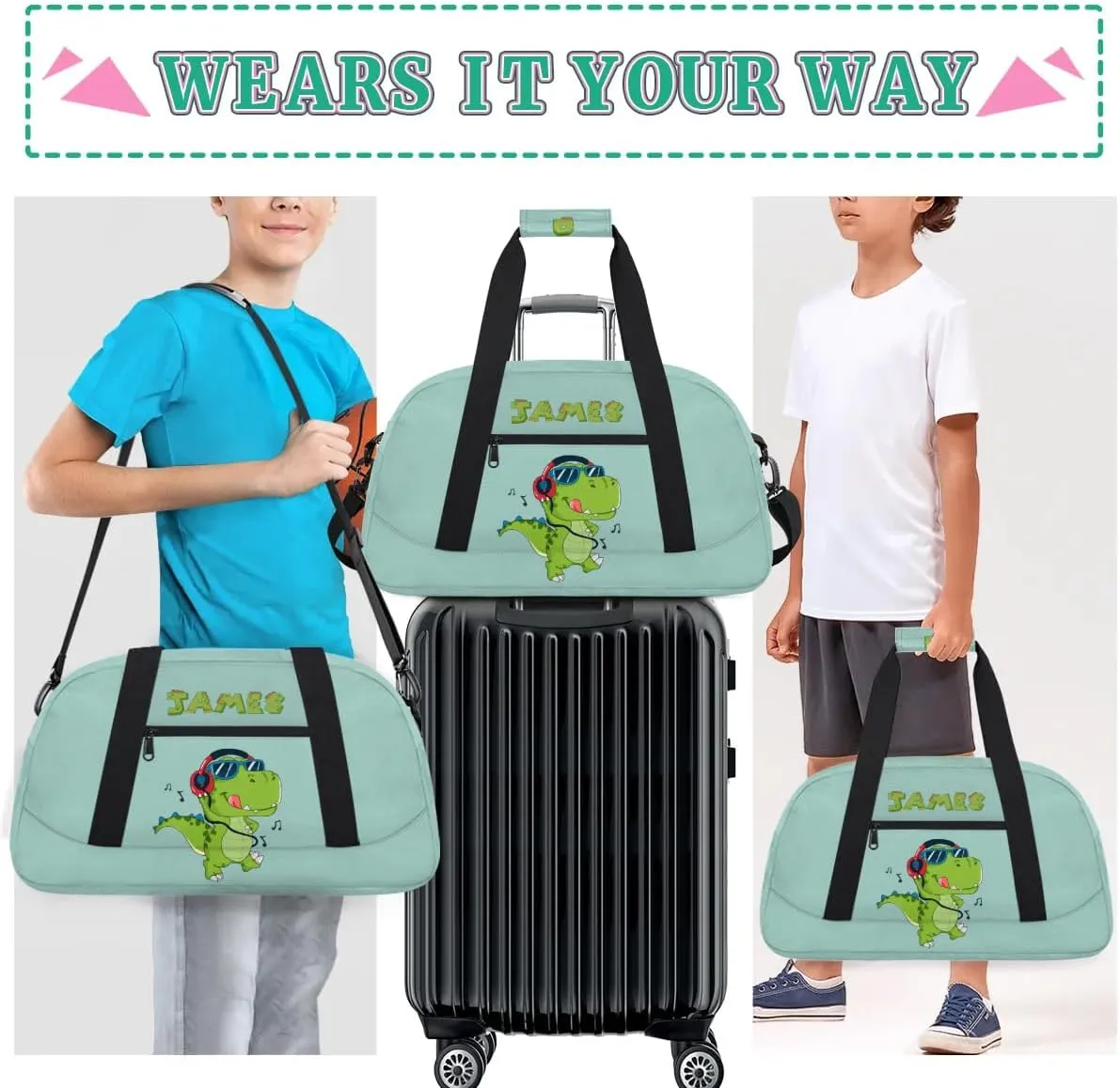 Personalized Duffel Bag for Boys Gym Bag with Name Small Overnight Tote Bag for Kids Music Dinosaur Green Sports Bag