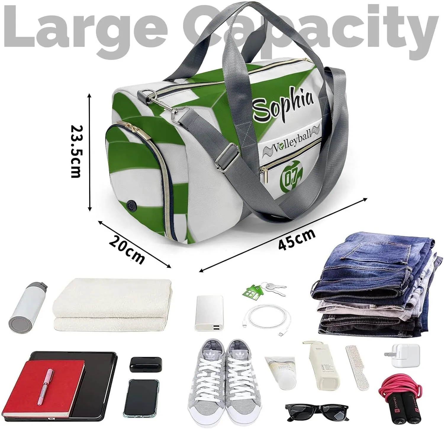 Personalized Duffel Bag Travel Bag Volleyball Green with Shoes Compartment Gym Yoga Sport Men Women Waterproof with Name
