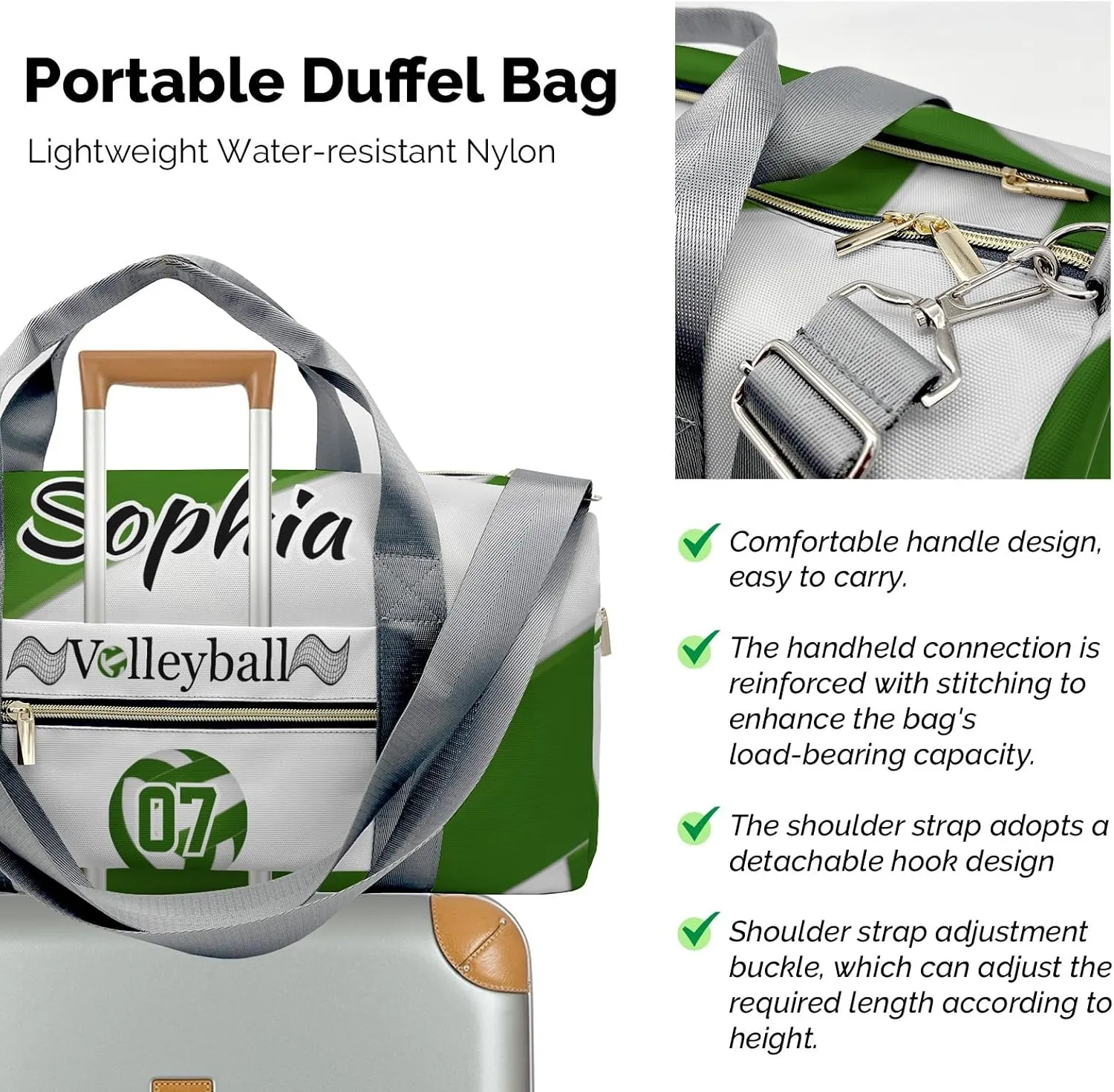 Personalized Duffel Bag Travel Bag Volleyball Green with Shoes Compartment Gym Yoga Sport Men Women Waterproof with Name