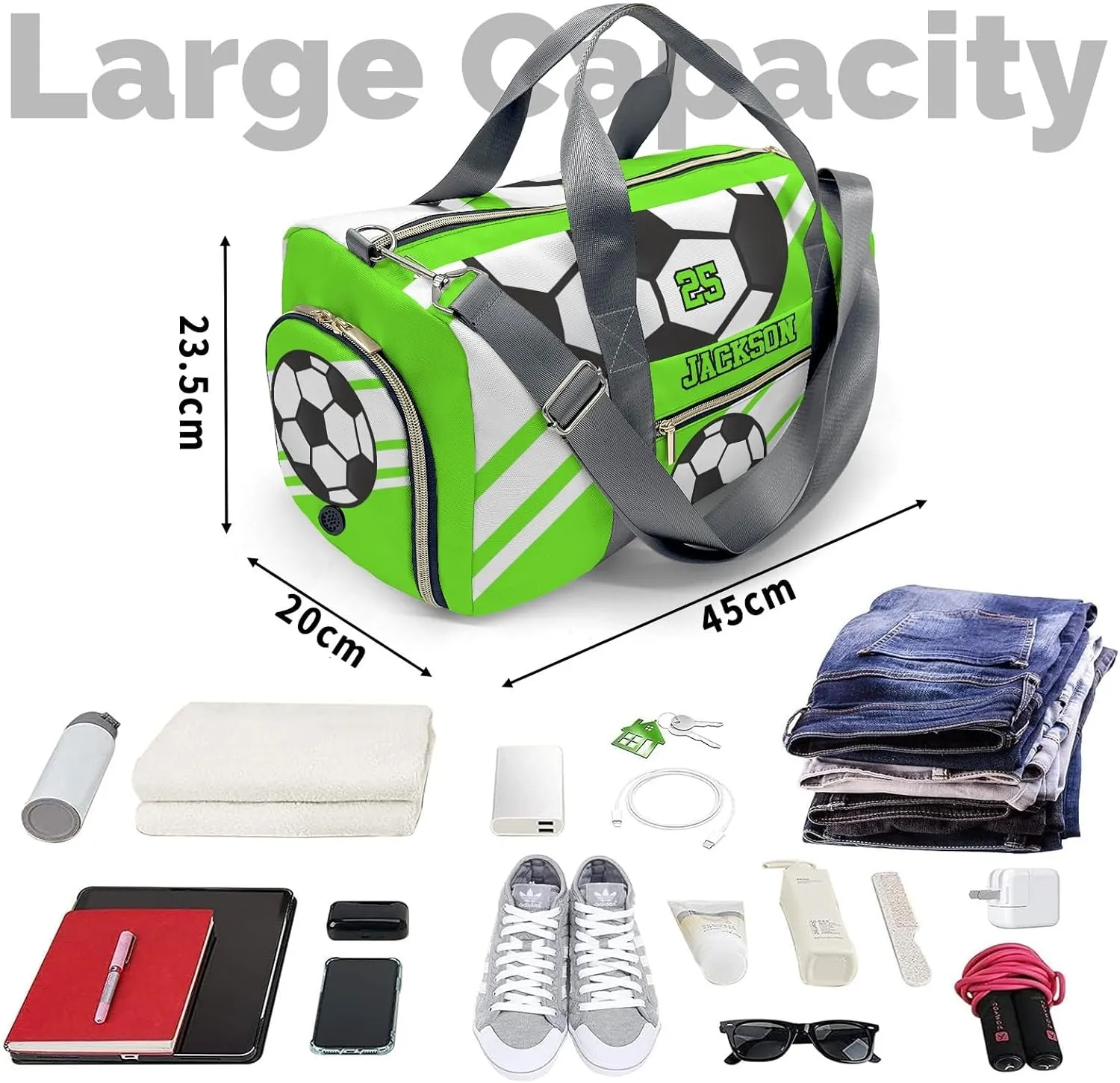 Personalized Duffle Bag with Name,Soccer Ball Sports Green Custom Travel Bag Carry On Weekend Overnight Bag Gym Sports Bag Dance Bag