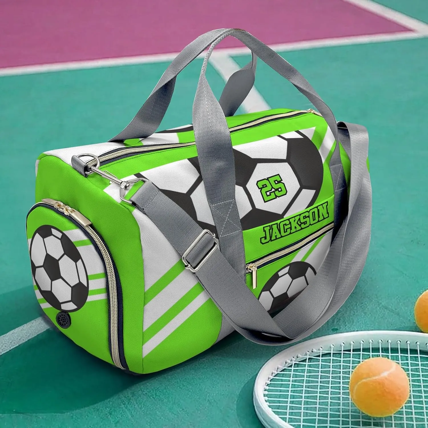 Personalized Duffle Bag with Name,Soccer Ball Sports Green Custom Travel Bag Carry On Weekend Overnight Bag Gym Sports Bag Dance Bag