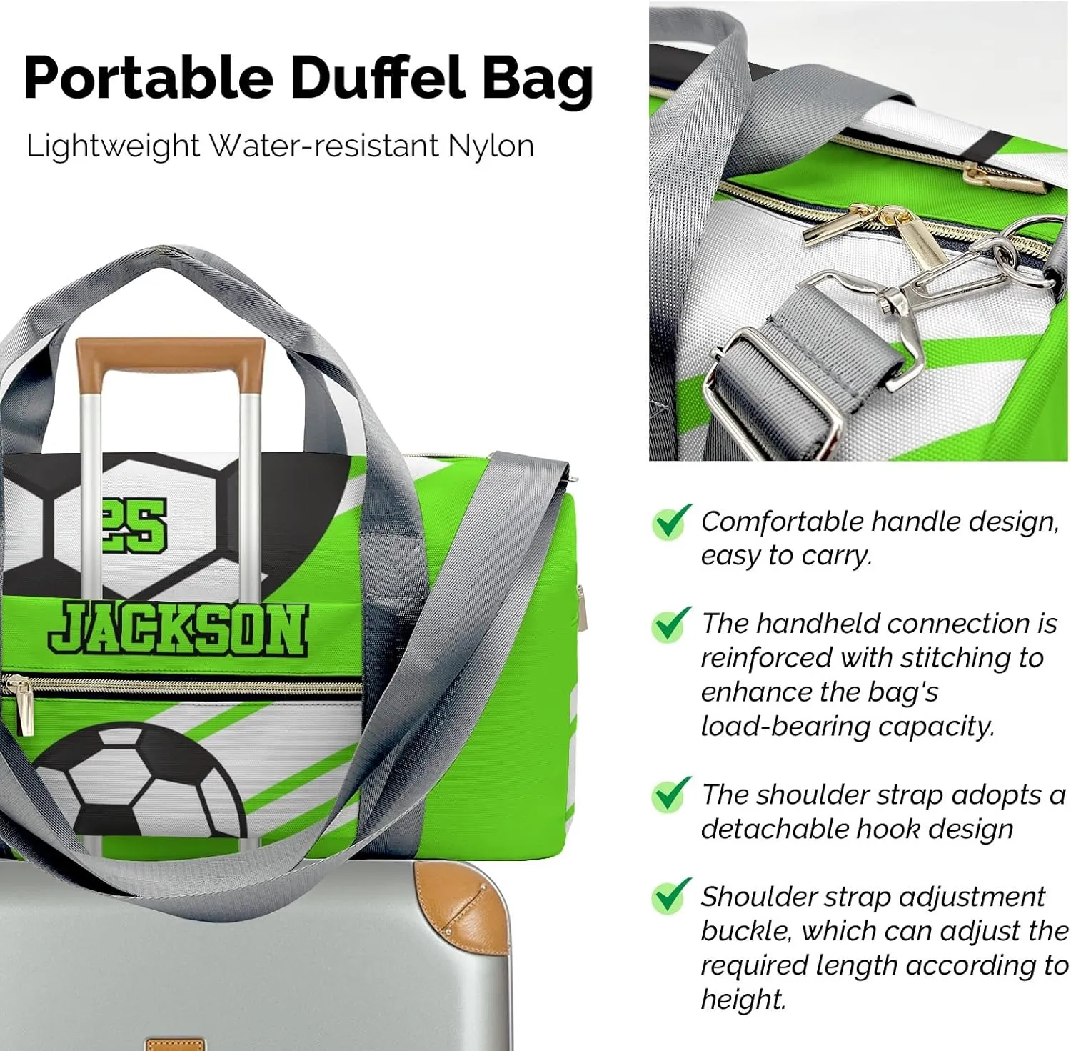 Personalized Duffle Bag with Name,Soccer Ball Sports Green Custom Travel Bag Carry On Weekend Overnight Bag Gym Sports Bag Dance Bag