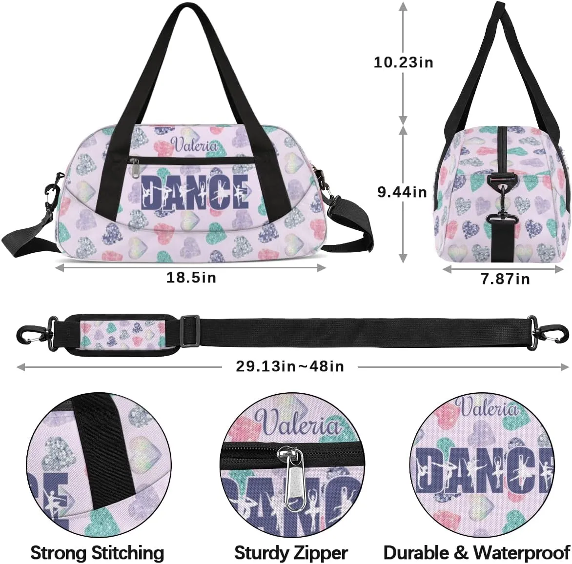 Personalized Gym Bag for Girls Teens, Custom Dance Bag Overnight Small Duffel Bag Carry On Weekend Sports Travel Bag for School Practice Gymnastics Ballet, Colorful Heart