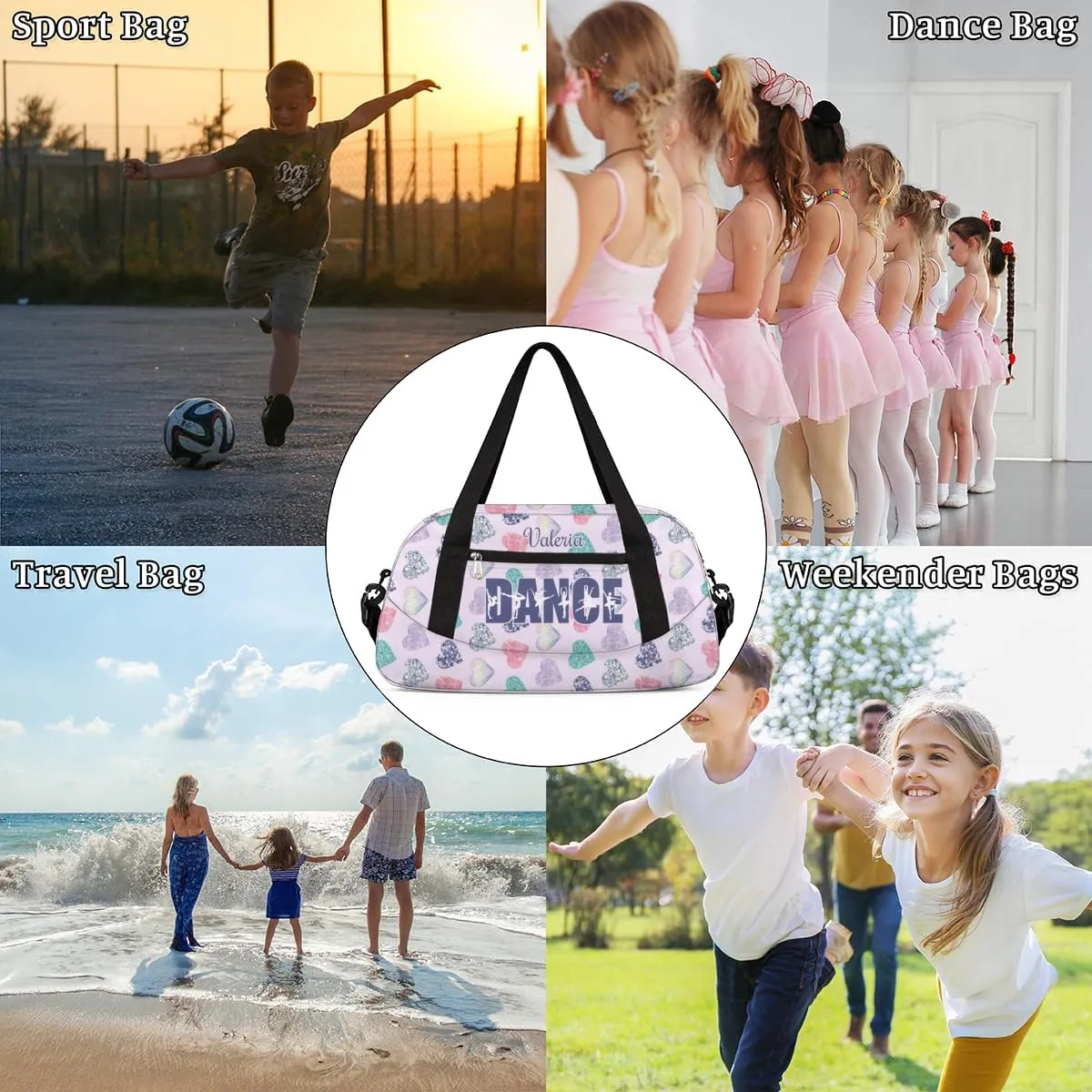 Personalized Gym Bag for Girls Teens, Custom Dance Bag Overnight Small Duffel Bag Carry On Weekend Sports Travel Bag for School Practice Gymnastics Ballet, Colorful Heart