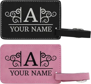 Personalized Initial & Name Tag 2-pack Laser Engraved Leatherette Customized Luggage Tags Pink & Black