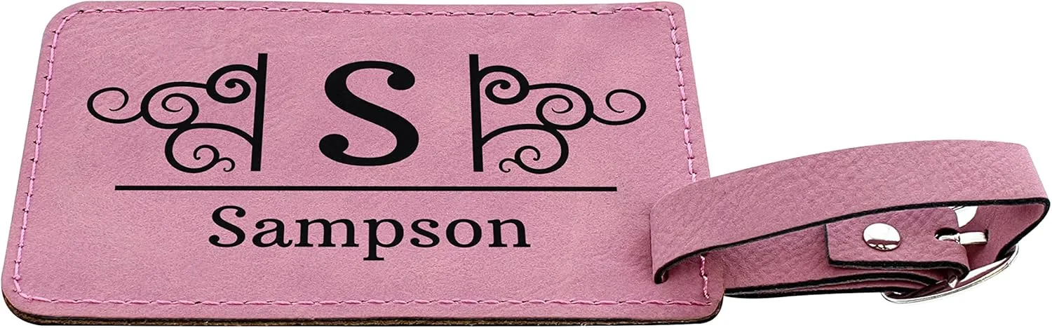 Personalized Initial & Name Tag 2-pack Laser Engraved Leatherette Customized Luggage Tags Pink & Black