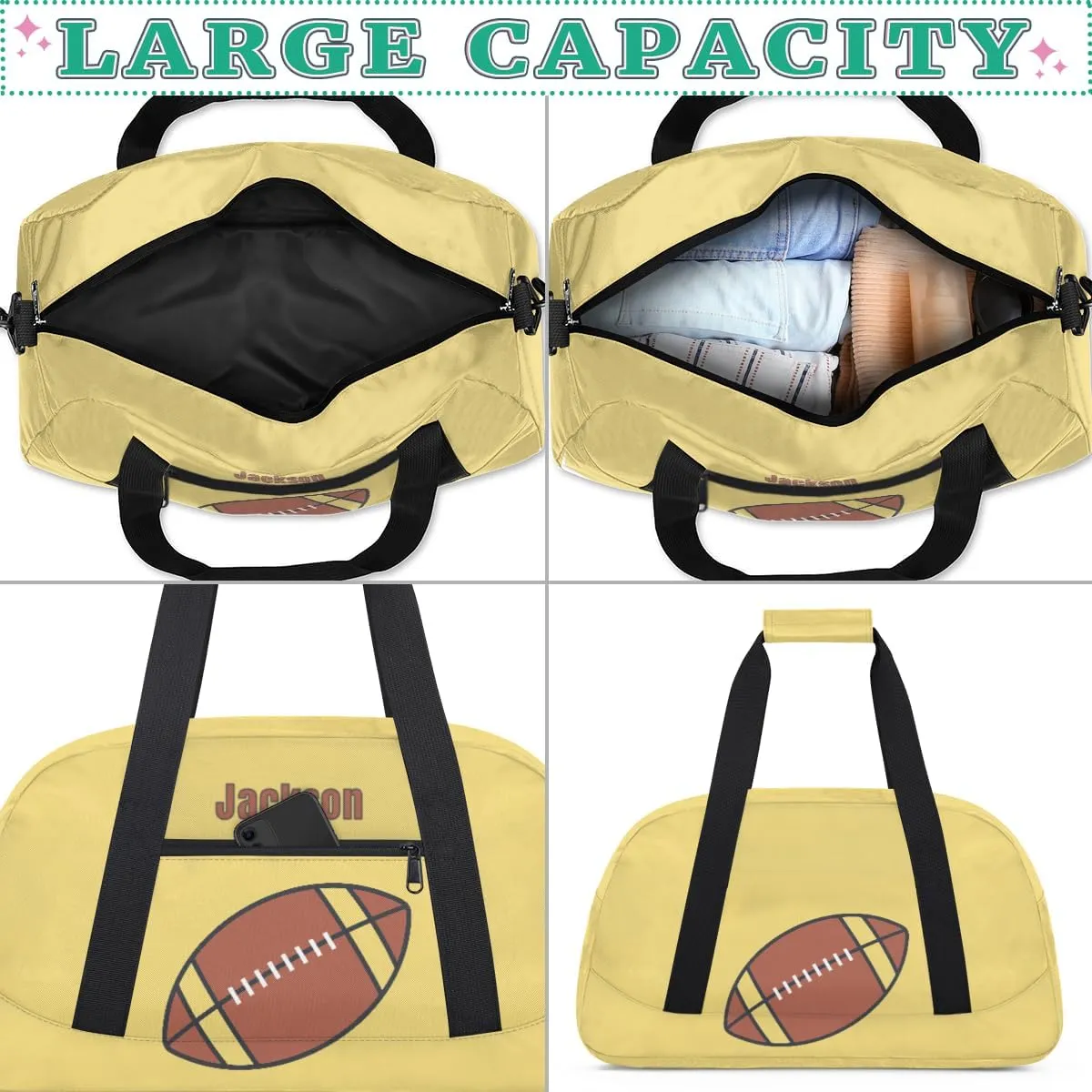 Personalized Kids Gym Bag American Football Yellow Custom Name Sport Duffel Bag for Teens Boys Large Practice Workout Bags Travel Duffel Bag
