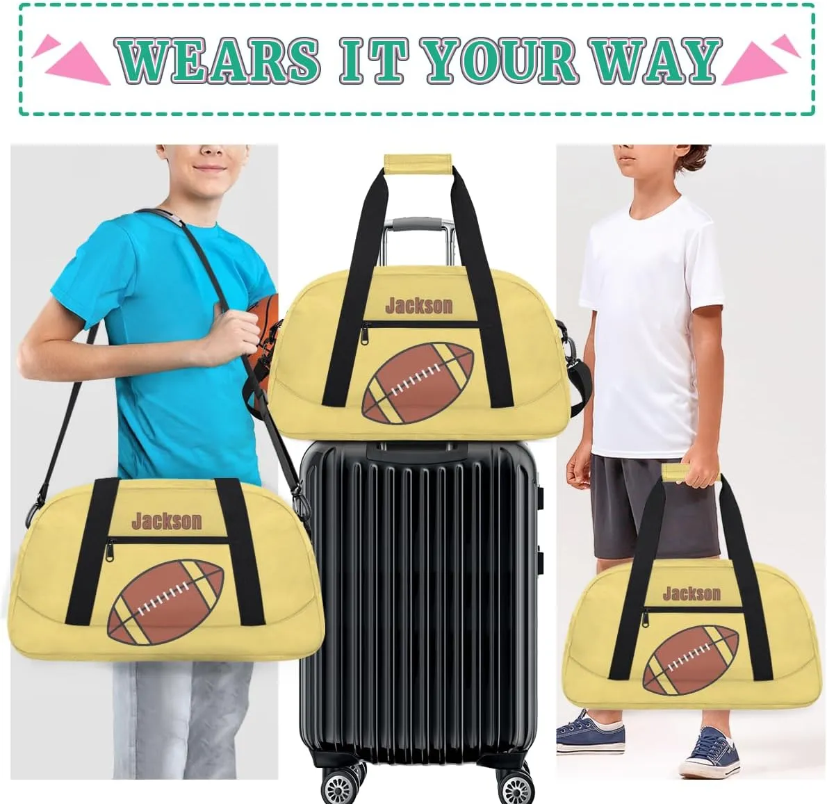 Personalized Kids Gym Bag American Football Yellow Custom Name Sport Duffel Bag for Teens Boys Large Practice Workout Bags Travel Duffel Bag