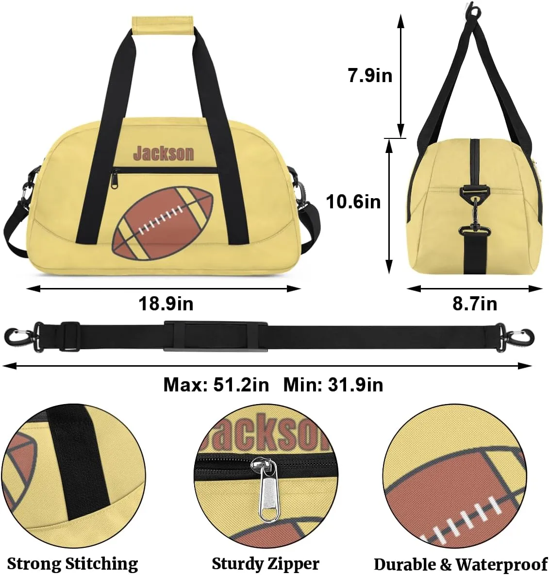 Personalized Kids Gym Bag American Football Yellow Custom Name Sport Duffel Bag for Teens Boys Large Practice Workout Bags Travel Duffel Bag
