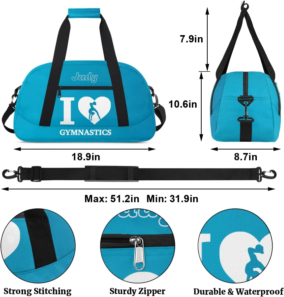 Personalized Kids Gymnastic Bag Blue Raspberry Color Gymnast Custom Name Sport Gymnast Duffel Bag for Girls Teens Large Dance Bags Travel Duffel Bag