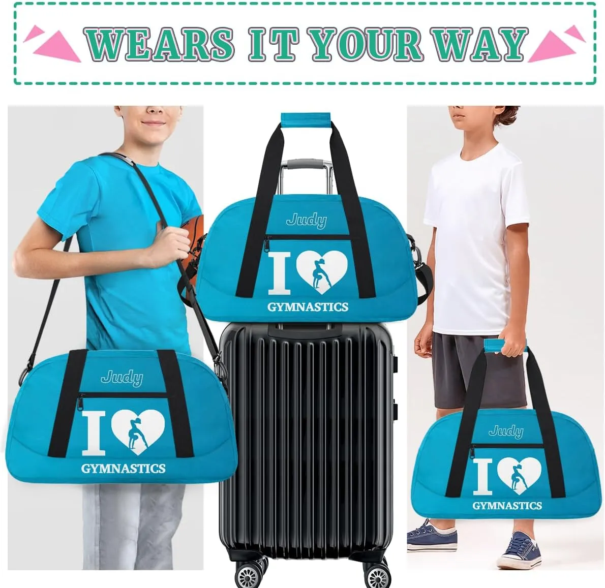 Personalized Kids Gymnastic Bag Blue Raspberry Color Gymnast Custom Name Sport Gymnast Duffel Bag for Girls Teens Large Dance Bags Travel Duffel Bag