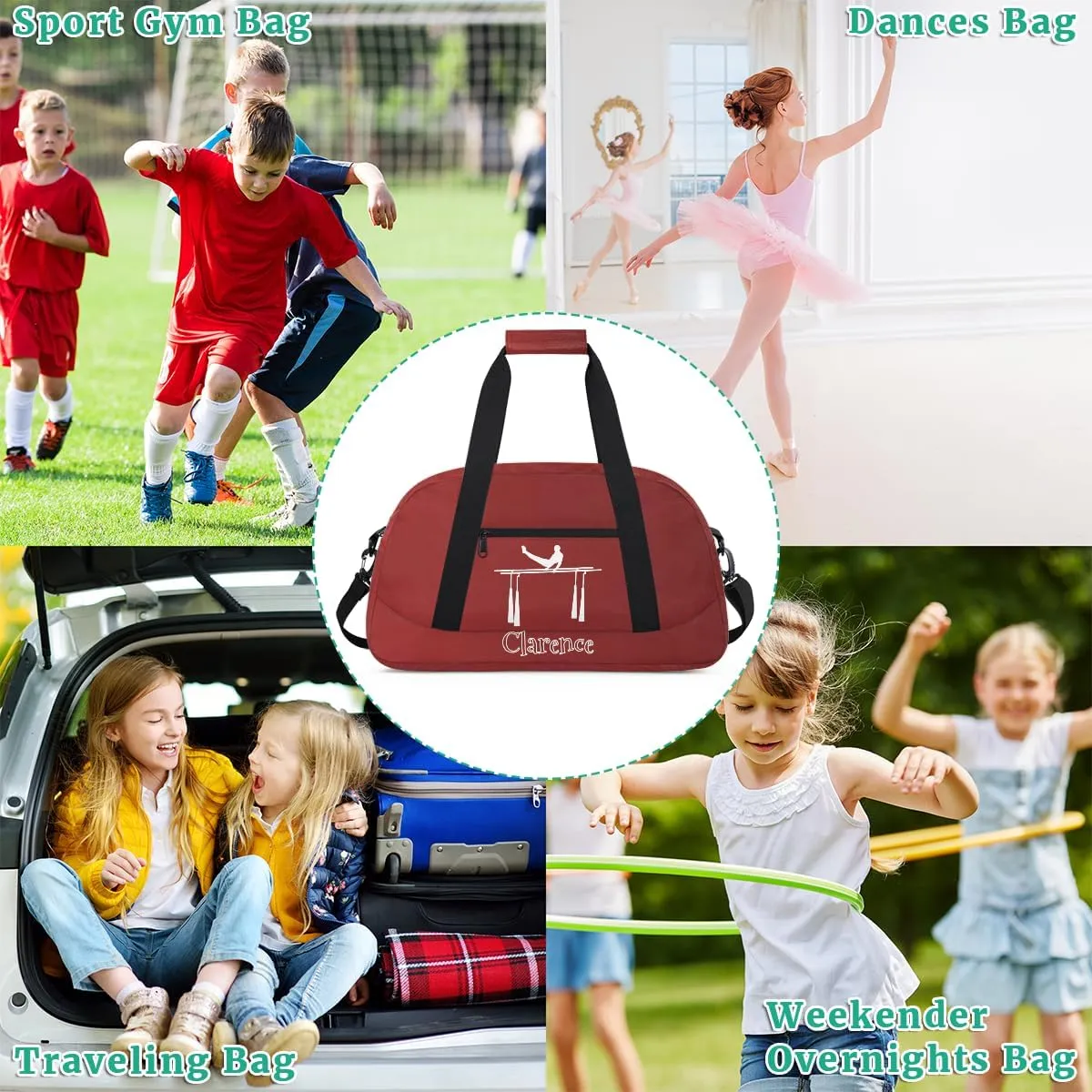 Personalized Kids Gymnastic Bag Cherry Red Gymnastic Bars Custom Name Sport Gymnast Duffel Bag for Girls Teens Large Dance Bags Travel Duffel Bag