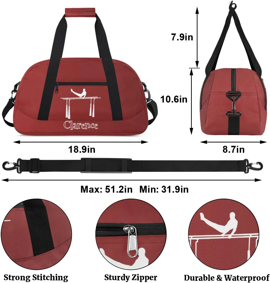 Personalized Kids Gymnastic Bag Cherry Red Gymnastic Bars Custom Name Sport Gymnast Duffel Bag for Girls Teens Large Dance Bags Travel Duffel Bag