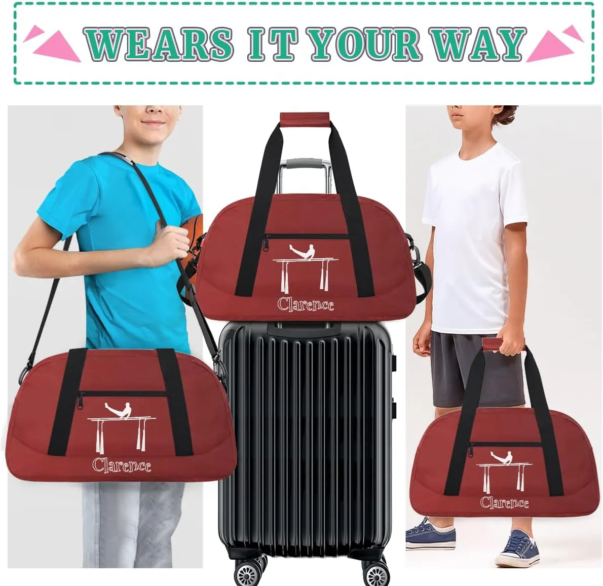 Personalized Kids Gymnastic Bag Cherry Red Gymnastic Bars Custom Name Sport Gymnast Duffel Bag for Girls Teens Large Dance Bags Travel Duffel Bag