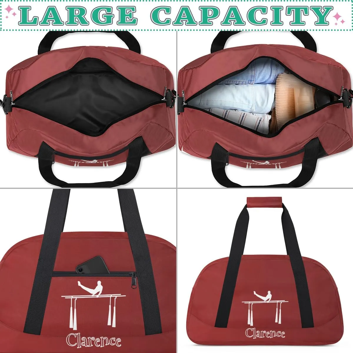 Personalized Kids Gymnastic Bag Cherry Red Gymnastic Bars Custom Name Sport Gymnast Duffel Bag for Girls Teens Large Dance Bags Travel Duffel Bag