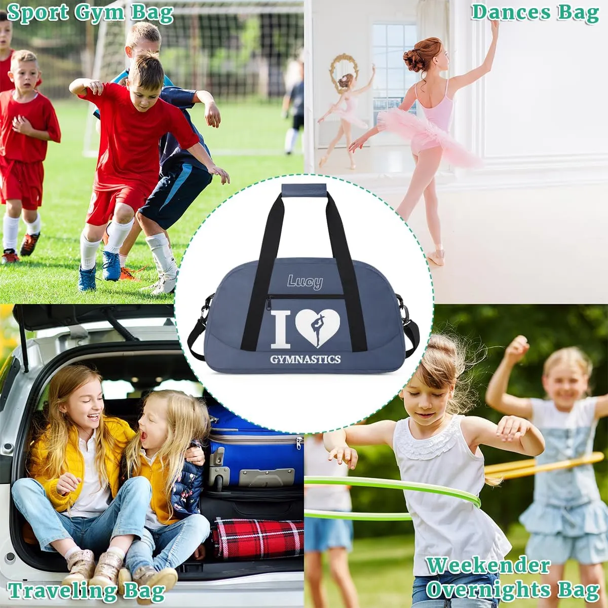 Personalized Kids Gymnastic Bag Dark Grey Gymnastic Custom Name Sport Gymnast Duffel Bag for Girls Teens Large Dance Bags Travel Duffel Bag