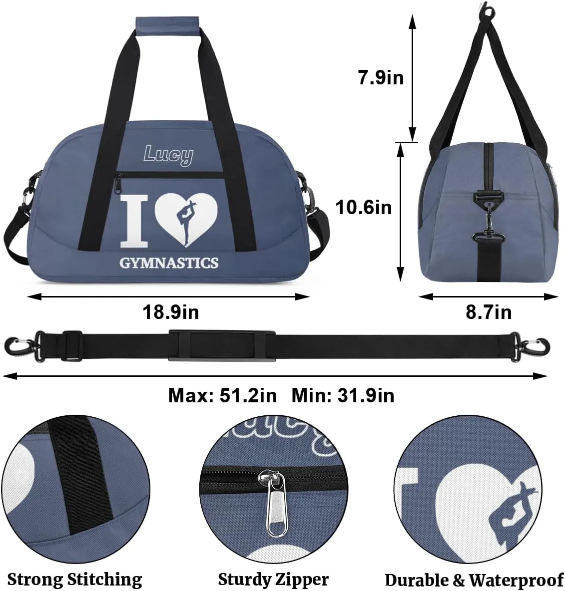 Personalized Kids Gymnastic Bag Dark Grey Gymnastic Custom Name Sport Gymnast Duffel Bag for Girls Teens Large Dance Bags Travel Duffel Bag