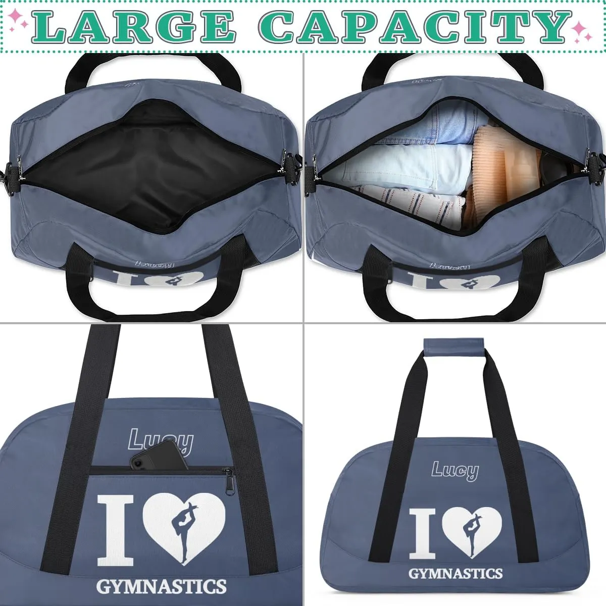 Personalized Kids Gymnastic Bag Dark Grey Gymnastic Custom Name Sport Gymnast Duffel Bag for Girls Teens Large Dance Bags Travel Duffel Bag