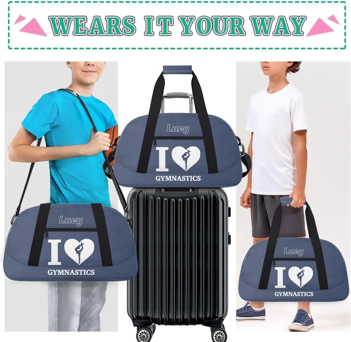 Personalized Kids Gymnastic Bag Dark Grey Gymnastic Custom Name Sport Gymnast Duffel Bag for Girls Teens Large Dance Bags Travel Duffel Bag