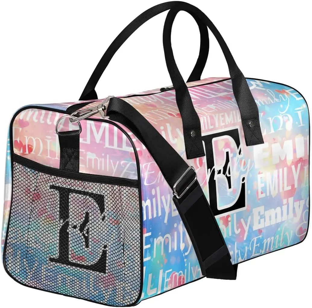 Personalized Letter Initial Dance Bag Custom Monogrammed Gym Duffle Bag Colorful Hearts Pattern Travel Bag Carry On Tote Weekender Overnight Bags Sport Training Bag