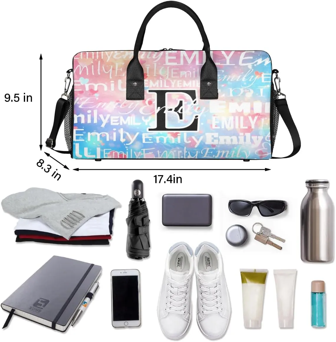 Personalized Letter Initial Dance Bag Custom Monogrammed Gym Duffle Bag Colorful Hearts Pattern Travel Bag Carry On Tote Weekender Overnight Bags Sport Training Bag