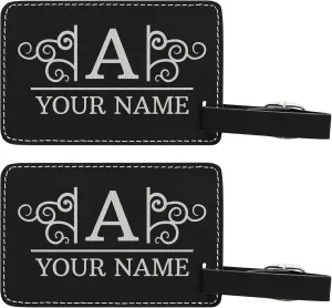 Personalized Luggage Tags Custom Initial & Name Personalized Gifts for Travelers Personalized 2-Pack Laser Engraved Leatherette Luggage Tags Black