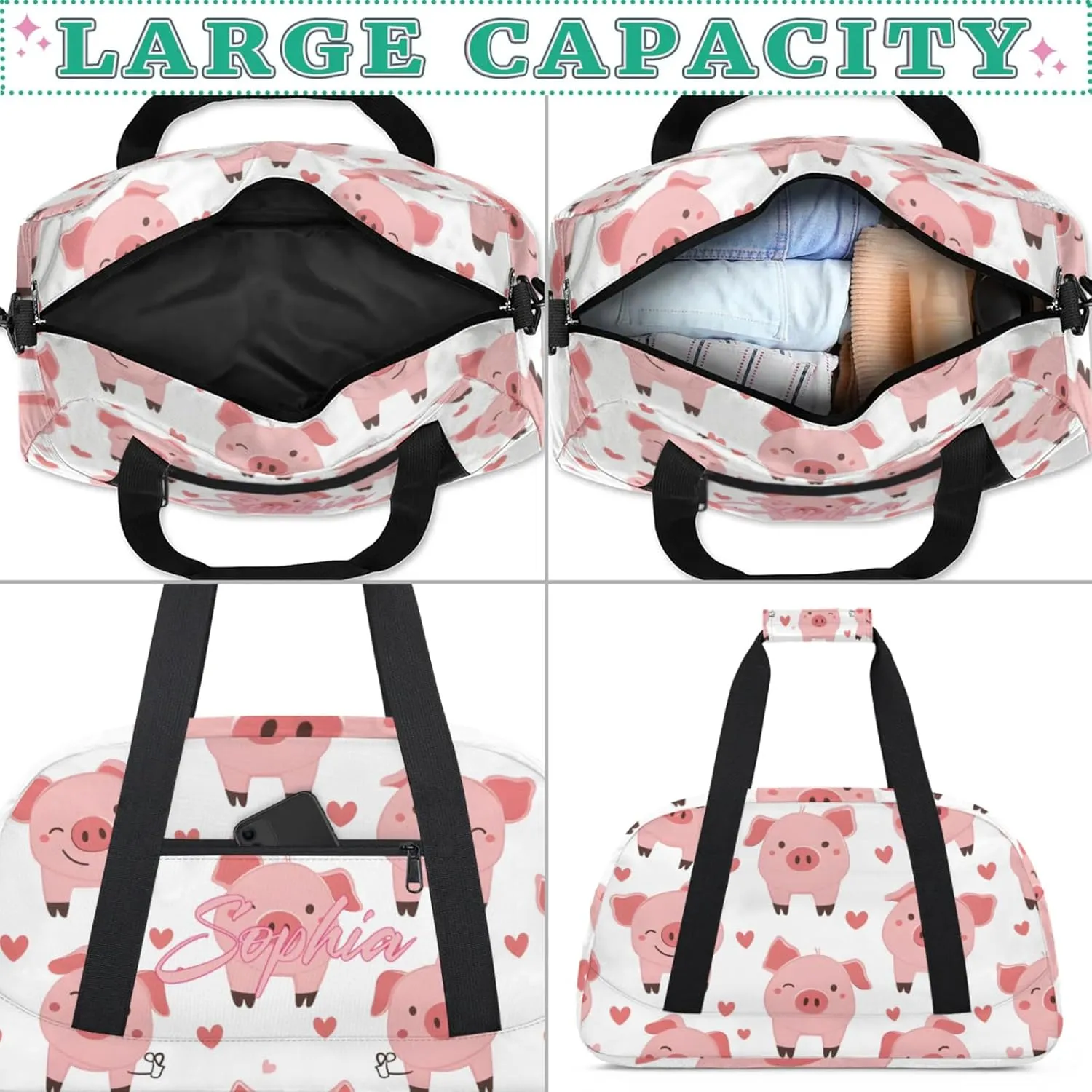 Personalized Name Duffle-Bag for Girls Boys,Custom Sports Gym Baseball Bag,Cute Carry-on Lightweight for Travel Outdoor Pink Wink Pigs