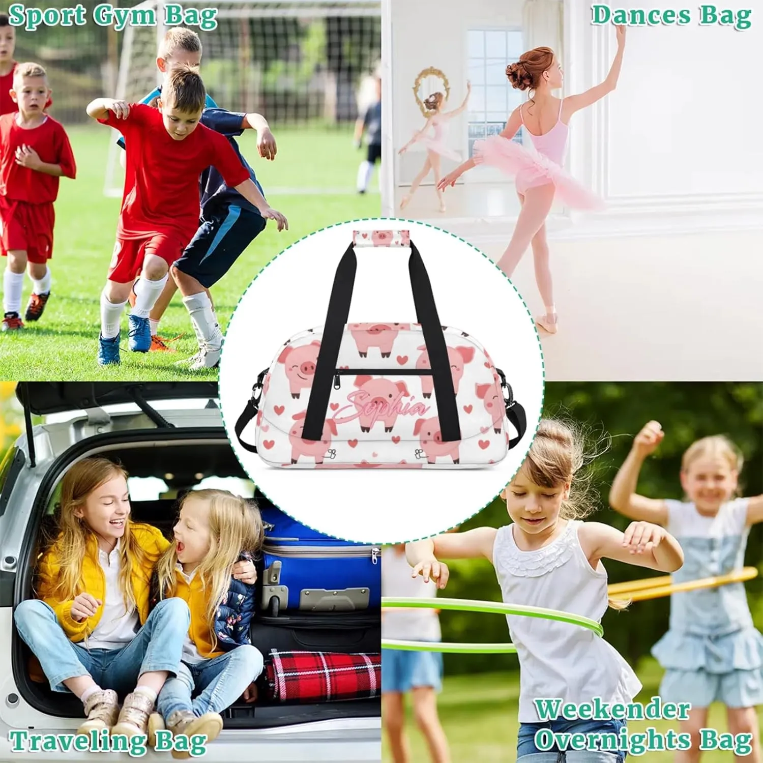 Personalized Name Duffle-Bag for Girls Boys,Custom Sports Gym Baseball Bag,Cute Carry-on Lightweight for Travel Outdoor Pink Wink Pigs