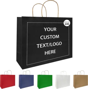 Personalized Paper Bags, 100 PCS Custom Printed Kraft Paper Bags for Small Business, Retail Gift Bags with Logo, Brown Shopping bag with Handle, Paper Bags, Party (Horizontal, 1count (Pack of 100))
