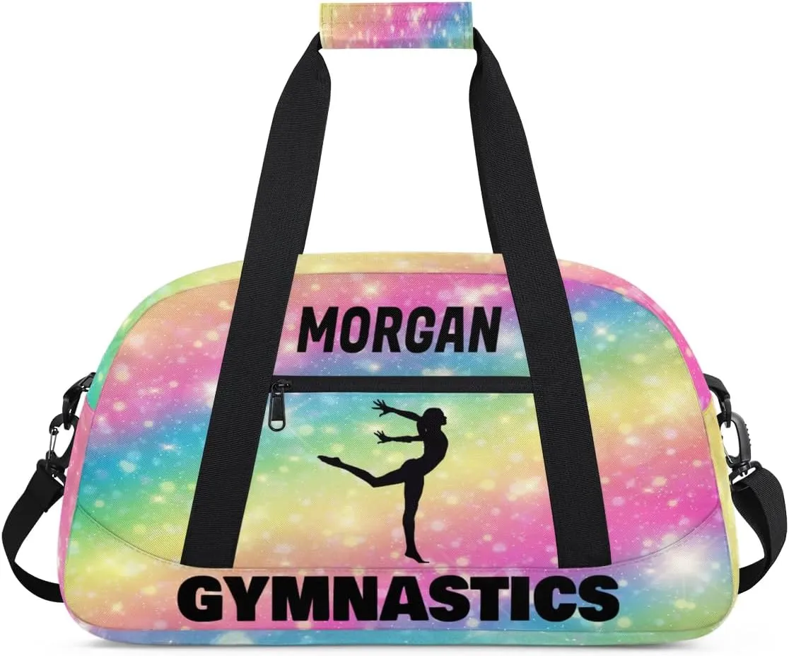 Personalized Sport Duffle Gymnastics Bag Girls, Custom Name Carry On Weekender Bag for Women Men Travel Business Trip, Gradient Colorful Rainbow Pink Yellow