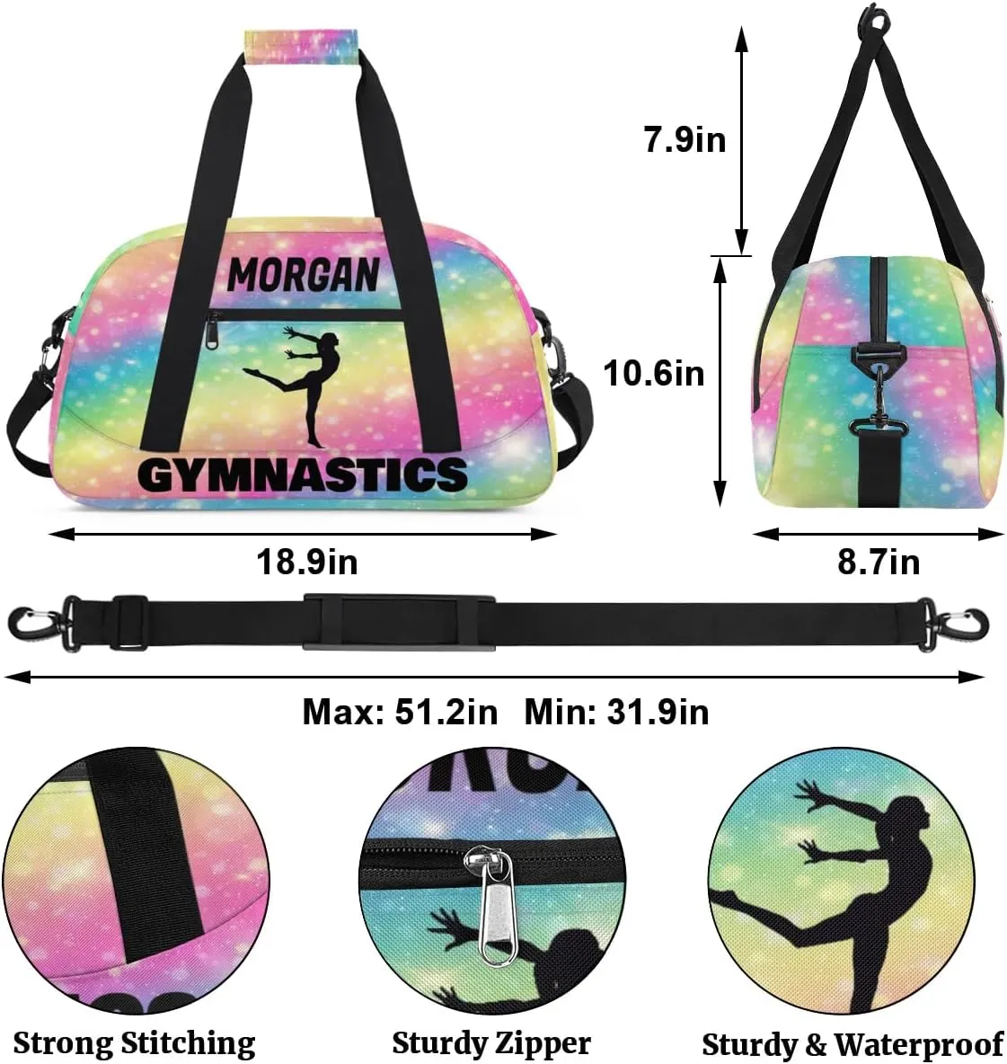 Personalized Sport Duffle Gymnastics Bag Girls, Custom Name Carry On Weekender Bag for Women Men Travel Business Trip, Gradient Colorful Rainbow Pink Yellow