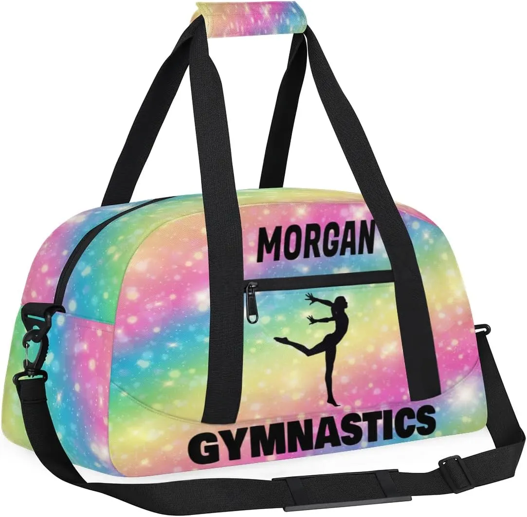Personalized Sport Duffle Gymnastics Bag Girls, Custom Name Carry On Weekender Bag for Women Men Travel Business Trip, Gradient Colorful Rainbow Pink Yellow