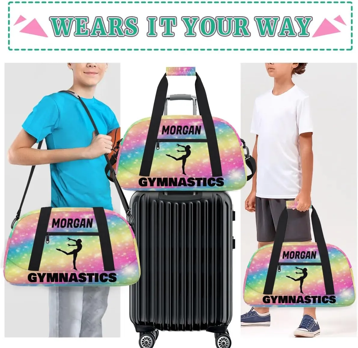 Personalized Sport Duffle Gymnastics Bag Girls, Custom Name Carry On Weekender Bag for Women Men Travel Business Trip, Gradient Colorful Rainbow Pink Yellow