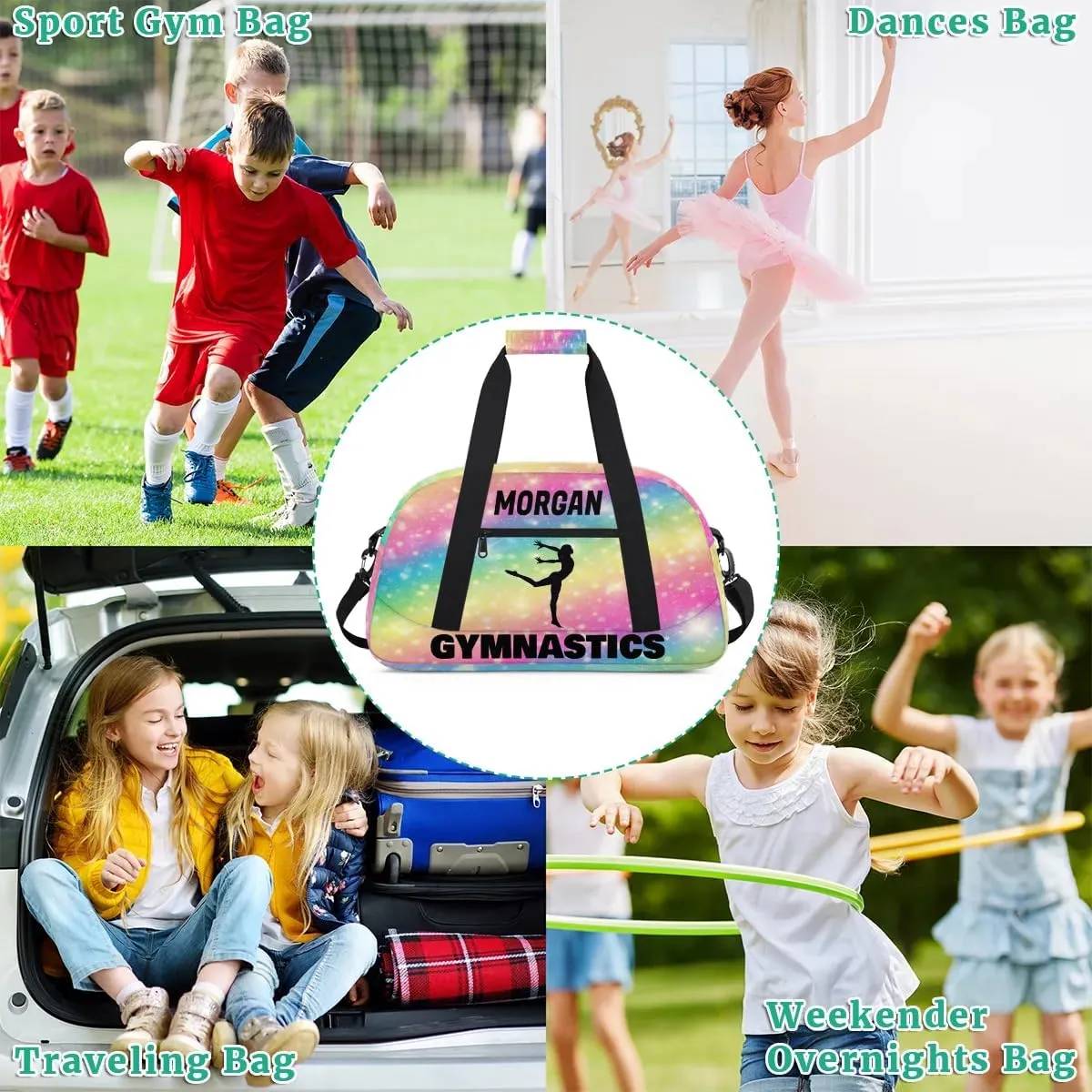 Personalized Sport Duffle Gymnastics Bag Girls, Custom Name Carry On Weekender Bag for Women Men Travel Business Trip, Gradient Colorful Rainbow Pink Yellow