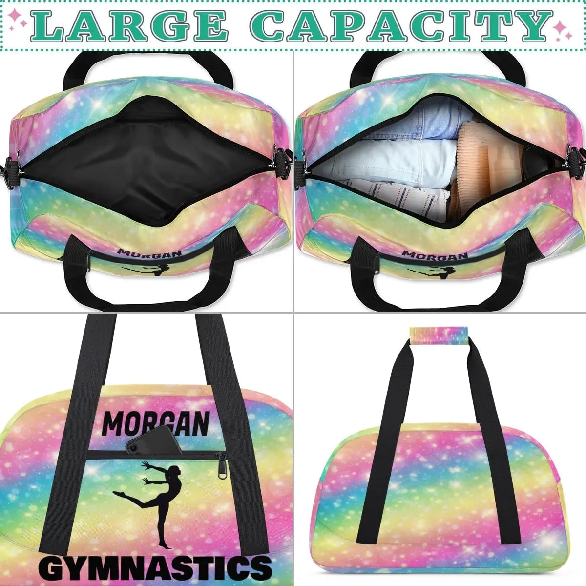 Personalized Sport Duffle Gymnastics Bag Girls, Custom Name Carry On Weekender Bag for Women Men Travel Business Trip, Gradient Colorful Rainbow Pink Yellow