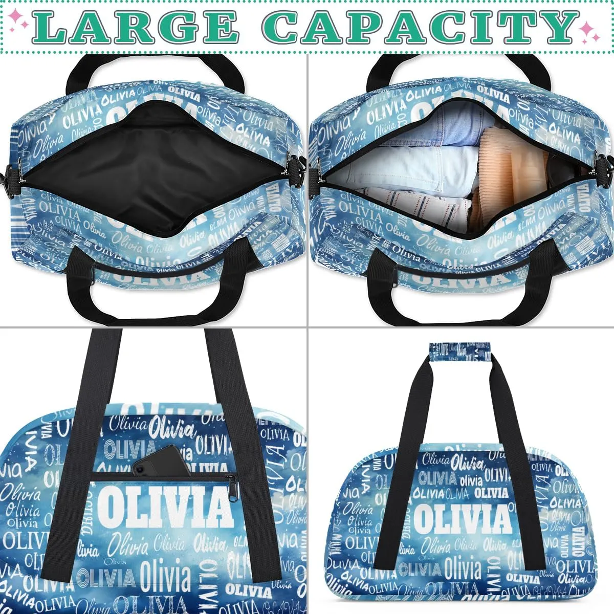 Personalized Sports Bag Names for Boys Teens, Custom Name Sport Fitness Duffle Gym Bag Travel Weekender Lightweight Bags, Watercolor Blue
