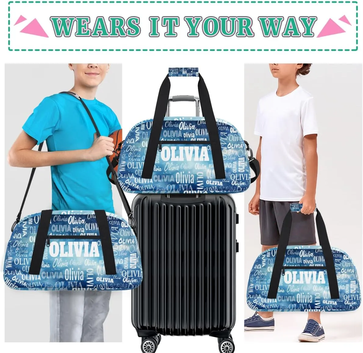 Personalized Sports Bag Names for Boys Teens, Custom Name Sport Fitness Duffle Gym Bag Travel Weekender Lightweight Bags, Watercolor Blue
