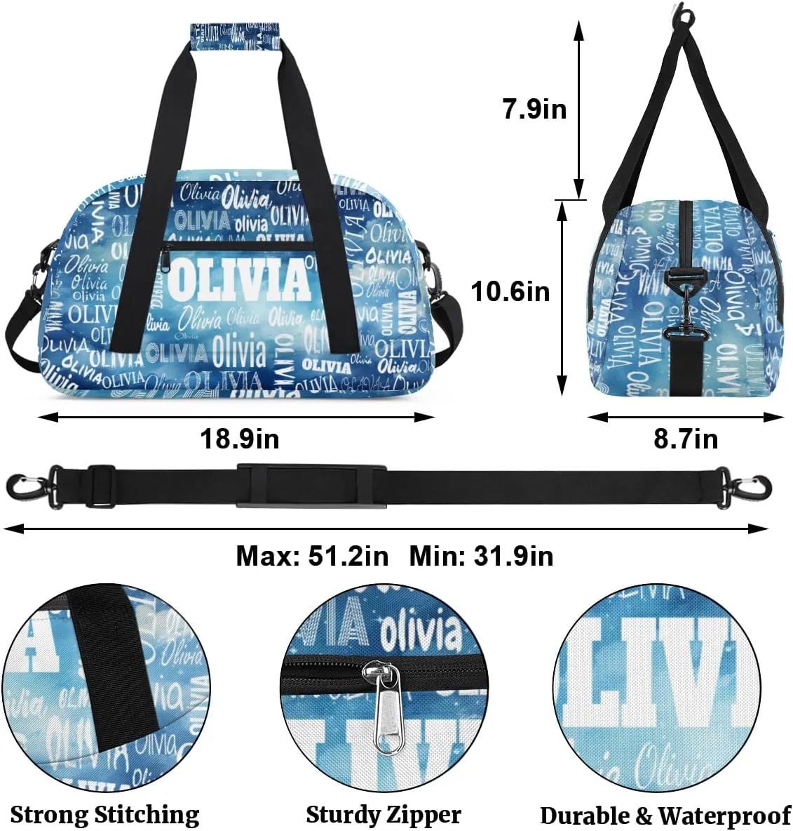 Personalized Sports Bag Names for Boys Teens, Custom Name Sport Fitness Duffle Gym Bag Travel Weekender Lightweight Bags, Watercolor Blue
