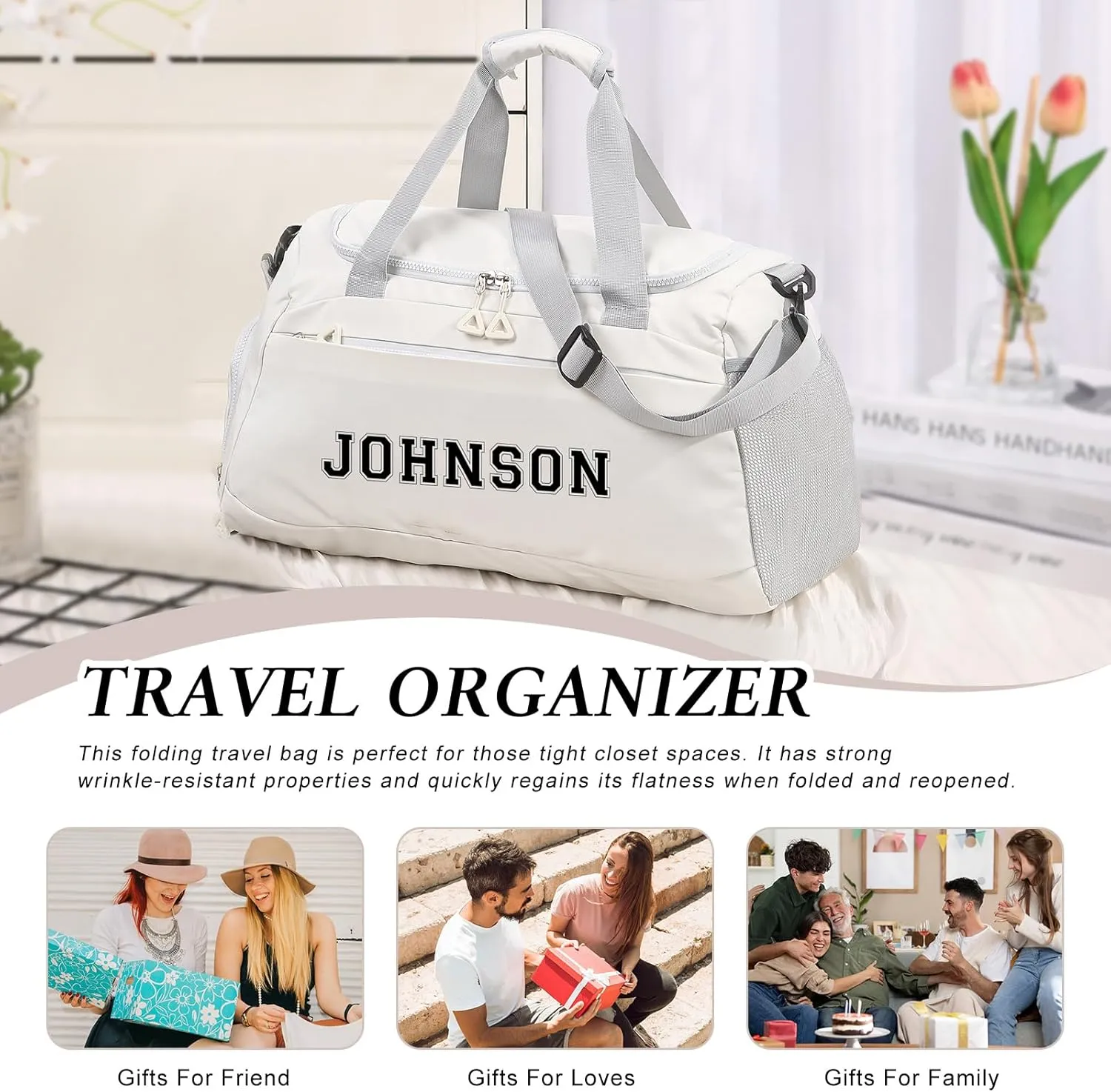 Personalized Travel Duffel Bag with Name - Oxford Cloth Gym Bag with Shoes and Wet Pockets Sport Bag Weekender Overnight Bag for Traveling for Women Men Compartment Gift for Christmas Groomsman Brides
