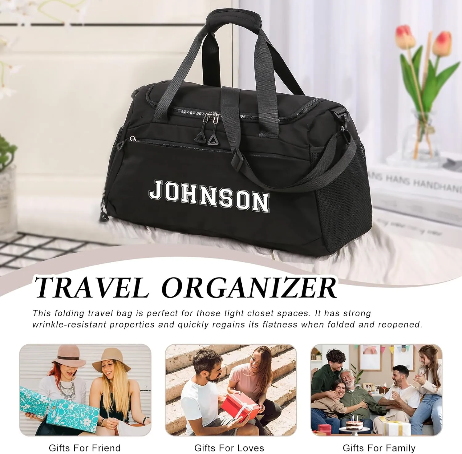 Personalized Travel Duffel Bag with Name - Oxford Cloth Gym Bag with Shoes and Wet Pockets Sport Bag Weekender Overnight Bag for Traveling for Women Men Compartment Gift for Christmas Groomsman Brides