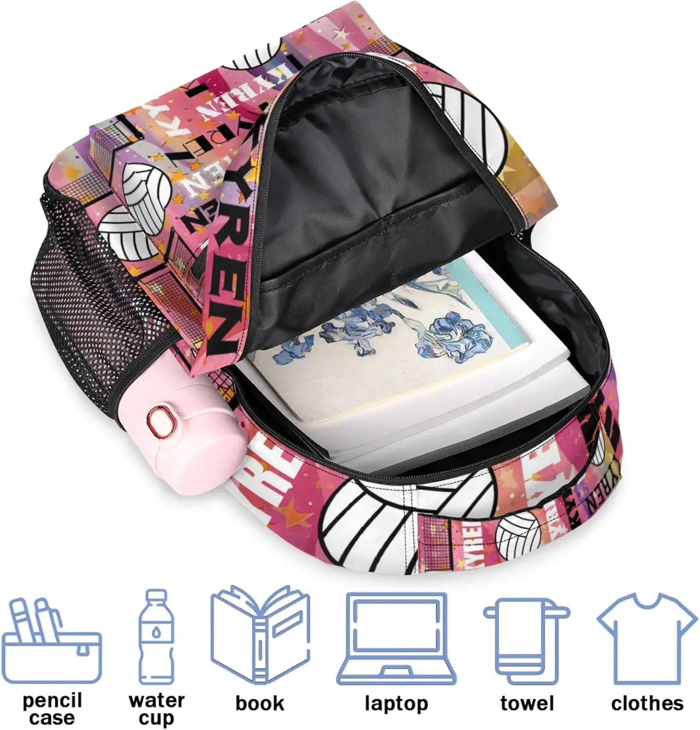 Personalized Volleyball Backpack with Name, Custom Sports Bag Backpack for Men Women, Laptop Daypack for Travel Camping Hiking, Abstract Striped