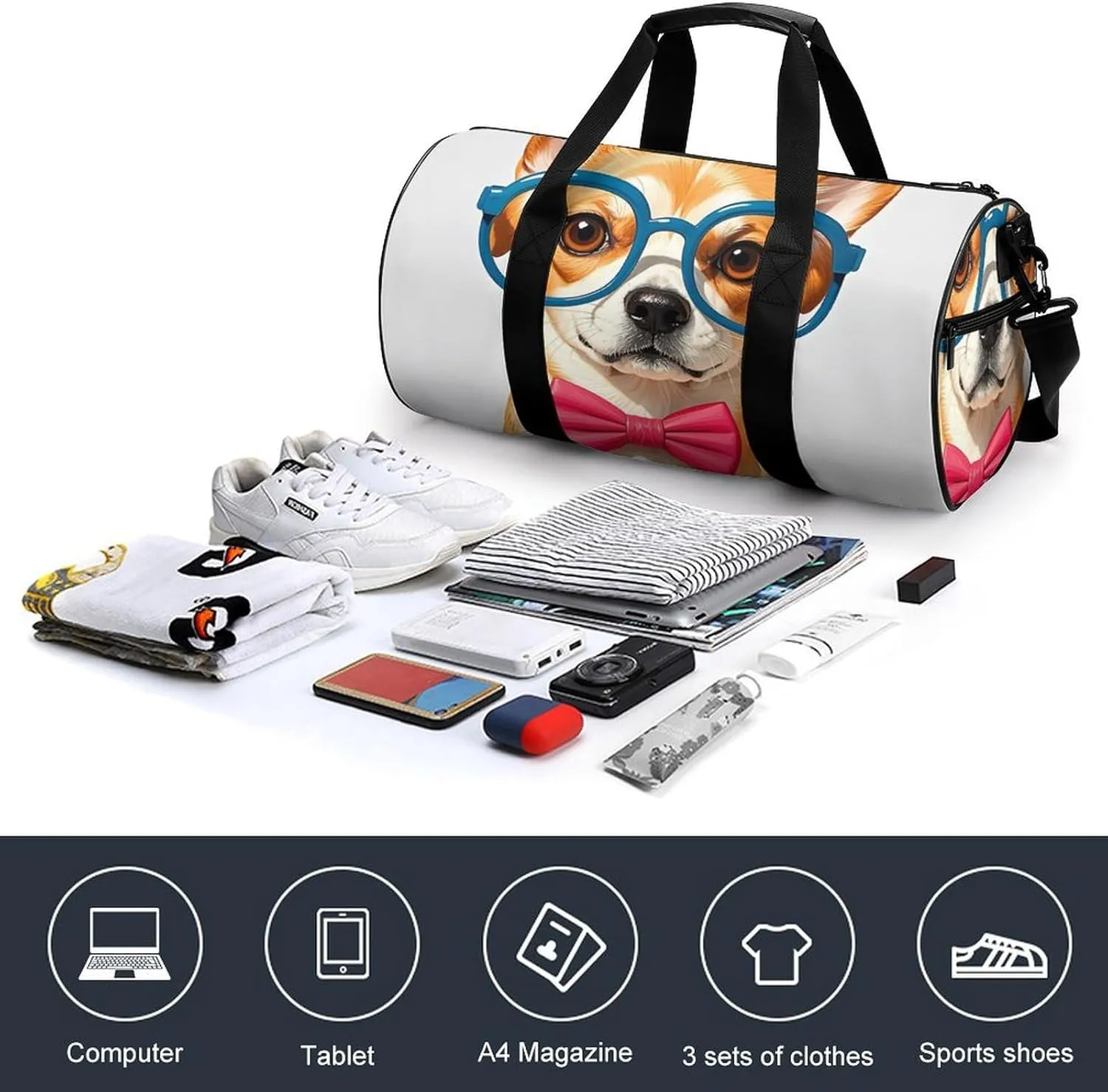 Pet Dog Soft Bow Tie, Oversized Glasses Gym Bag Small Travel Duffle Bag with Compartment Carry On Weekender Bag for Women Men