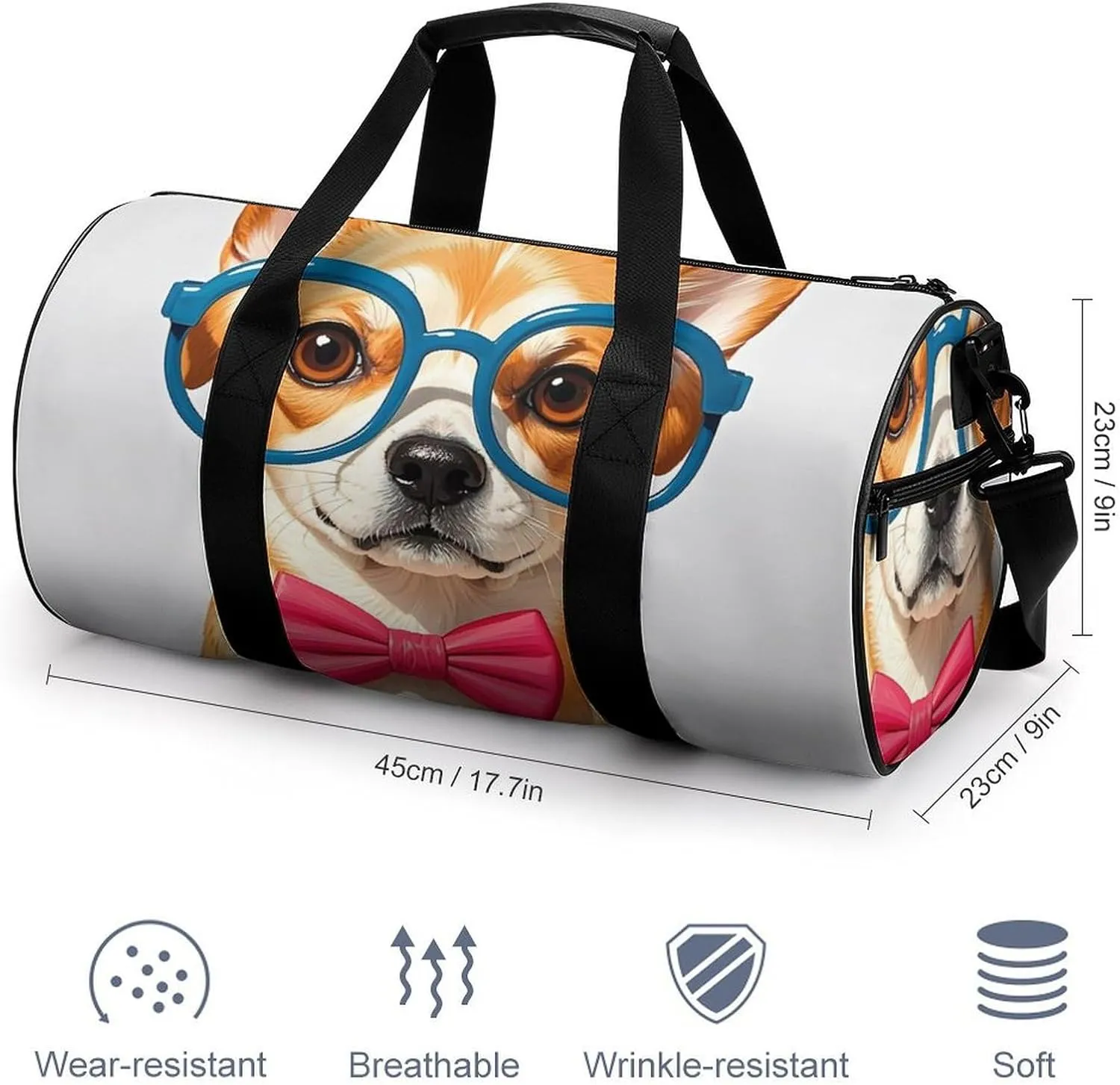 Pet Dog Soft Bow Tie, Oversized Glasses Gym Bag Small Travel Duffle Bag with Compartment Carry On Weekender Bag for Women Men