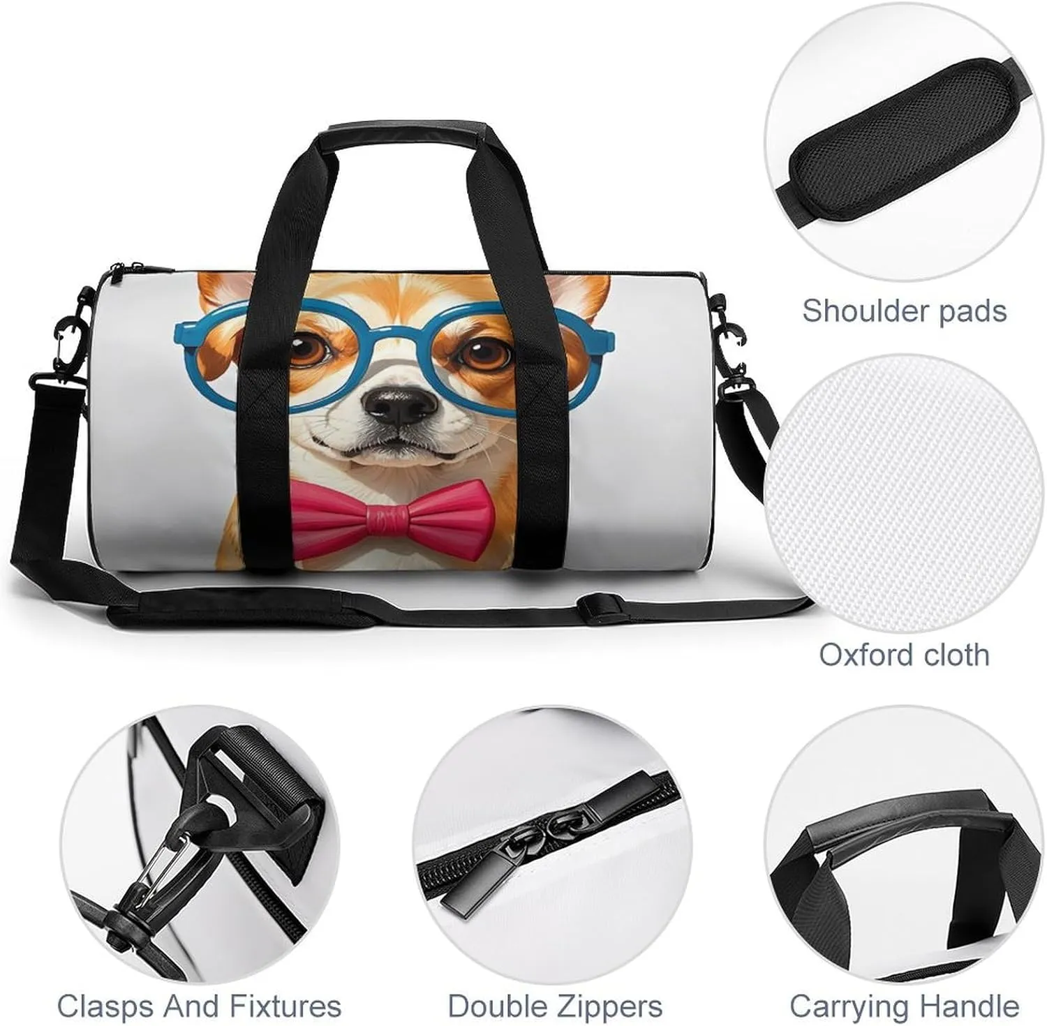 Pet Dog Soft Bow Tie, Oversized Glasses Gym Bag Small Travel Duffle Bag with Compartment Carry On Weekender Bag for Women Men