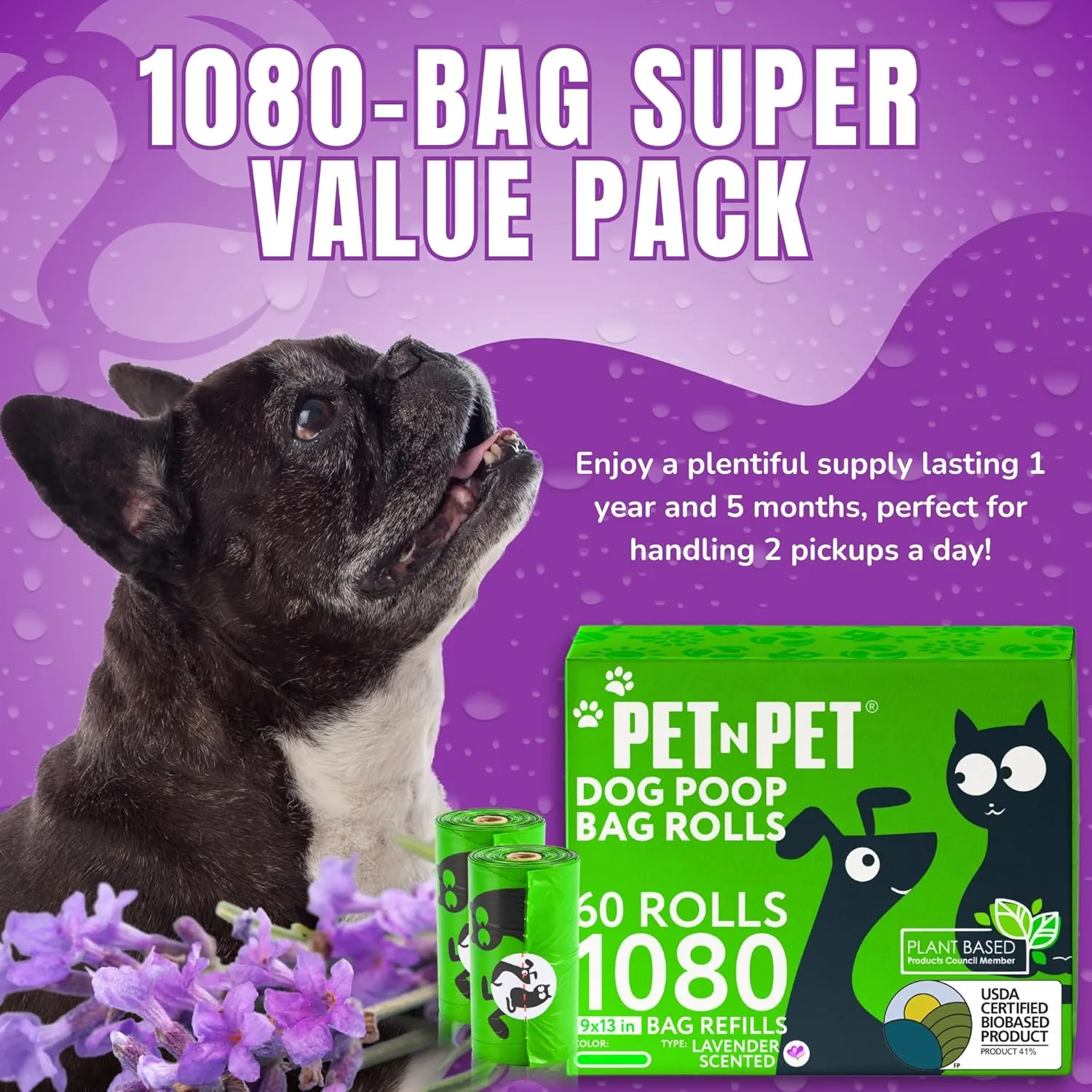 Pet N Pet 1080 Counts Green Poop Bags for Dogs, 38% Plant Based & 62% PE Extra Thick Dog Poop Bags Rolls, 9" x 13", Lavender Scented Pet Waste Bag
