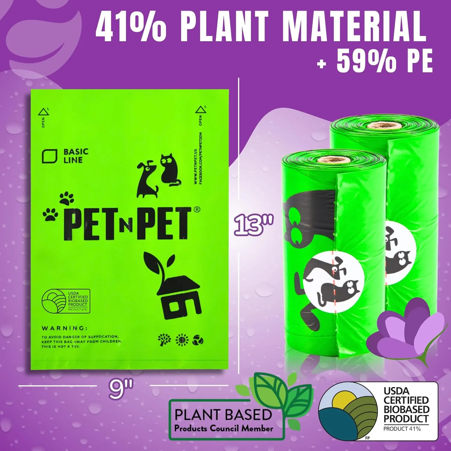 Pet N Pet 1080 Counts Green Poop Bags for Dogs, 38% Plant Based & 62% PE Extra Thick Dog Poop Bags Rolls, 9" x 13", Lavender Scented Pet Waste Bag