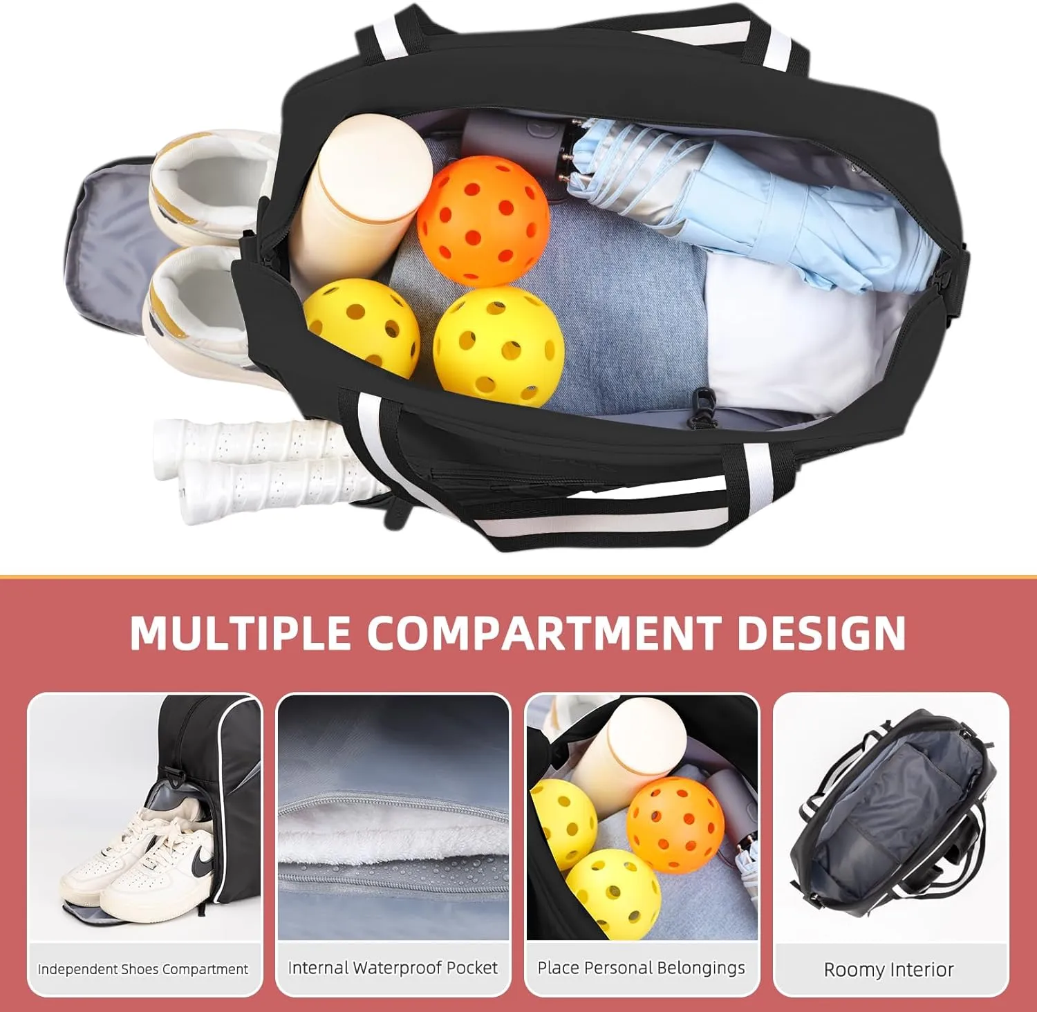 Pickleball Tote Bag - Pickle Ball Backpack with Shoe Compartment & Waterproof Pocket, Shoulder Gym Duffle Bag with Hook