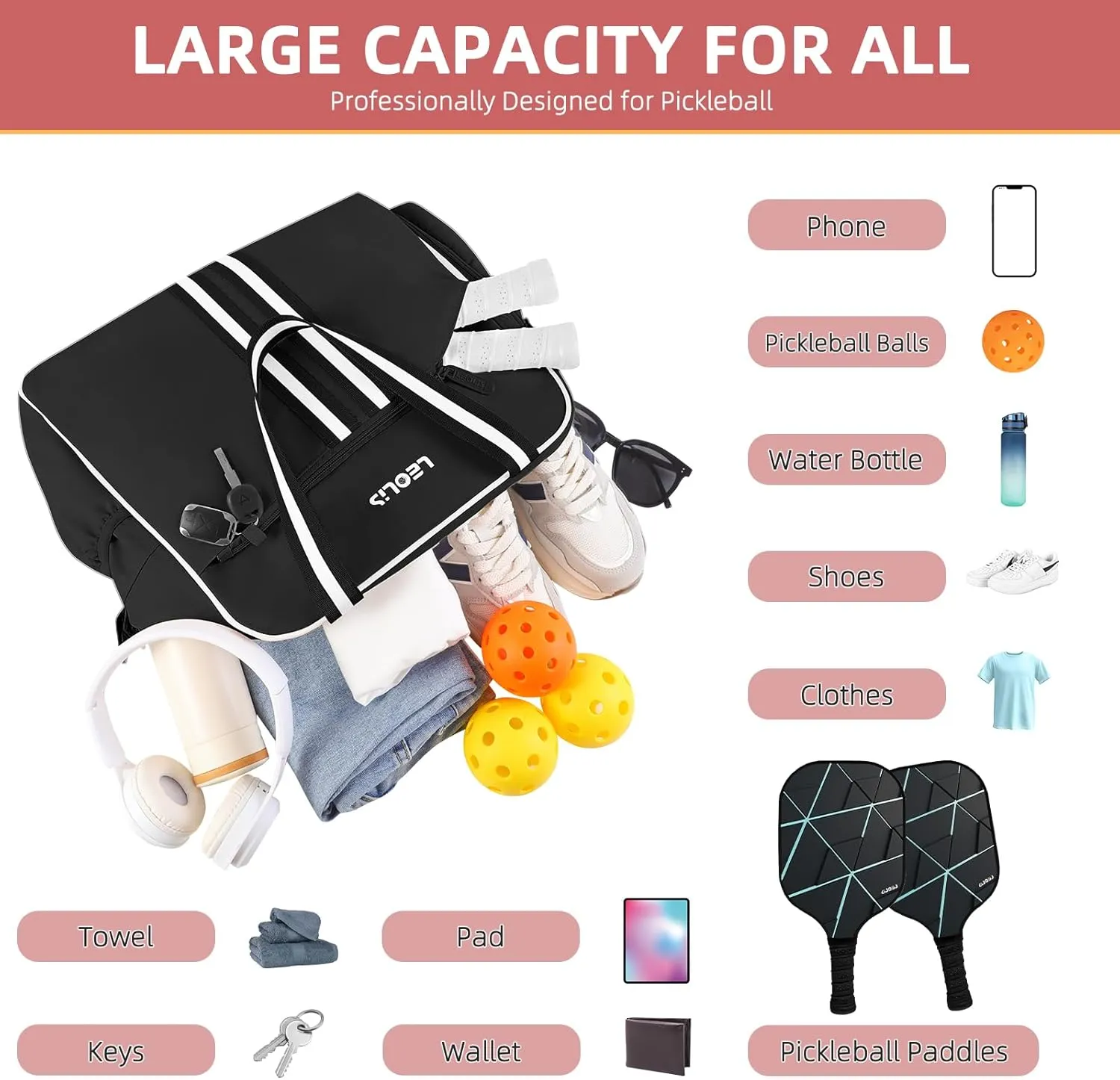 Pickleball Tote Bag - Pickle Ball Backpack with Shoe Compartment & Waterproof Pocket, Shoulder Gym Duffle Bag with Hook