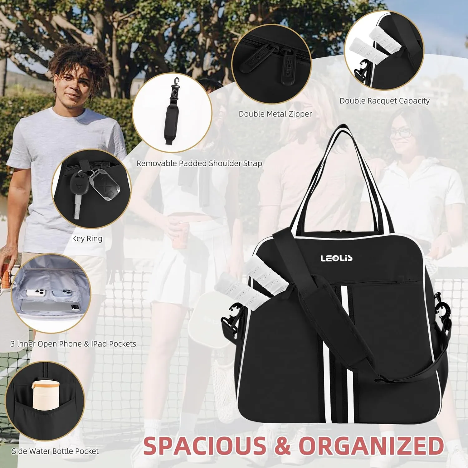 Pickleball Tote Bag - Pickle Ball Backpack with Shoe Compartment & Waterproof Pocket, Shoulder Gym Duffle Bag with Hook
